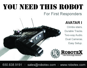 Robotex Avatar I, unmanned ground vehicle for first responders. climbs stairs, durable tracks, two-way audio, dual cameras, easy setup